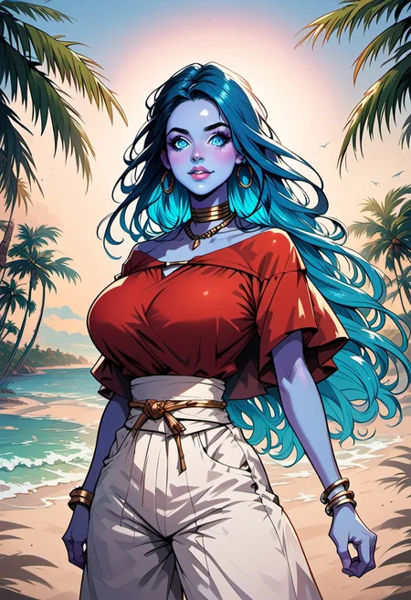 commix style, score_9, score_8_up, score_7_up, 1woman, mature, (blue skin:1.3), detailed blue eyes, large round eyes, bright eyes, (long dark blue hair:1.4), fiery hair, gradient_hair to light neon blue, (very long hair), blue lipstick, huge breasts, beach, palm tree, bracelet, jewelry, neck ring, red shirt, sash, short sash, shirt, shorts, strapless, strapless shirt, waist cape, white shorts,