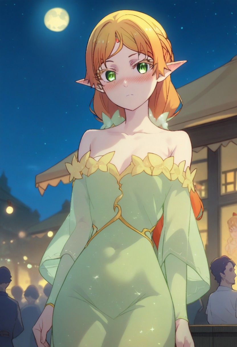 score_9, score_8_up, score_7_up, professional anime,HD,1girl,solo, (elf from isekai ojisan), perfect body,short female,petite body,wide hips,cute girl,elf, ccc,dress,bare shoulder,night,moon,festival,crowd,blushing,looking at the viewer,pov