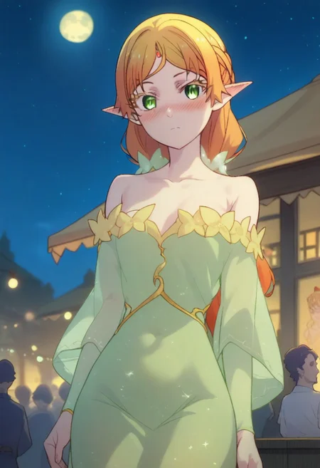score_9, score_8_up, score_7_up, professional anime,HD,1girl,solo, (elf from isekai ojisan), perfect body,short female,petite body,wide hips,cute girl,elf, ccc,dress,bare shoulder,night,moon,festival,crowd,blushing,looking at the viewer,pov
