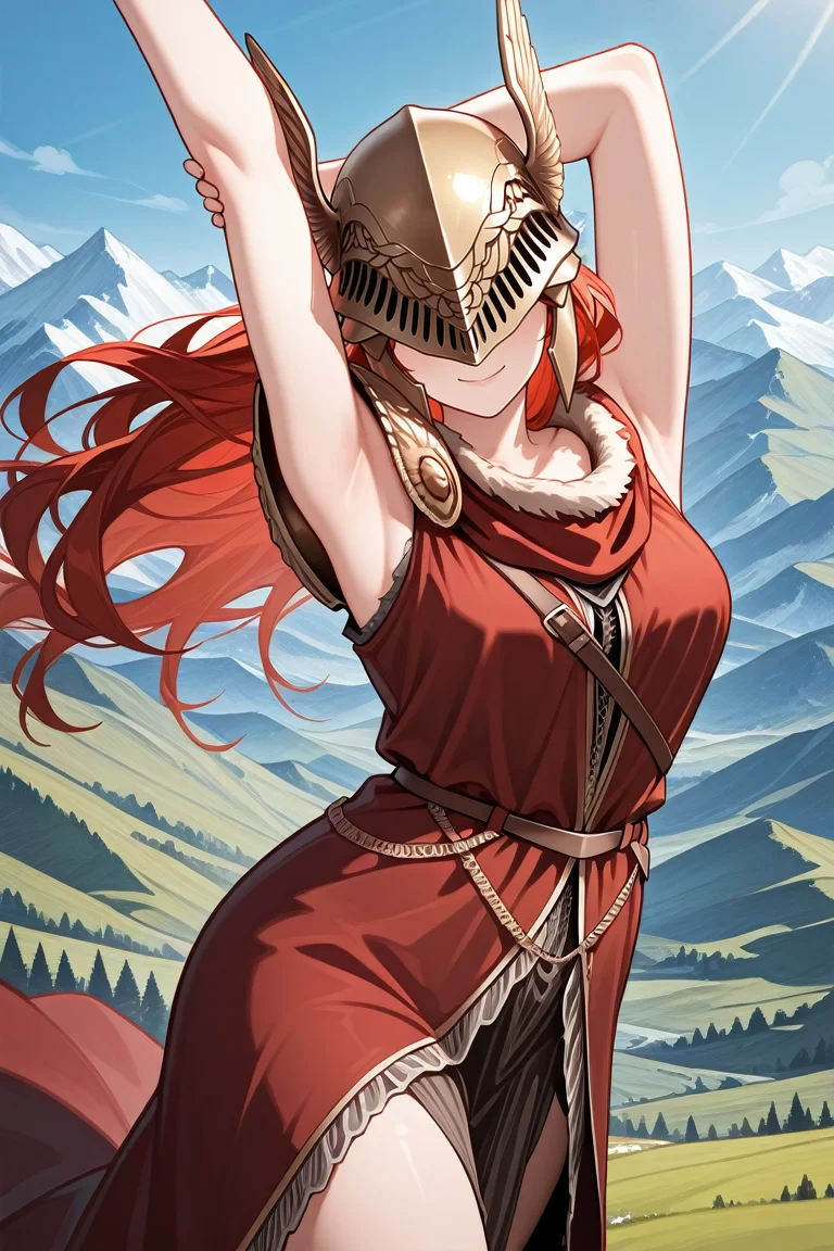 masterpiece, best quality, absurdres,
<lora:ILERMalenia:0.8>
ERMalenia, 1girl, helmet, covered eyes, long hair, red hair, armor, looking at viewer, arm behind head, closed eyes, smile, armpit, stretching, arm up, blue sky, landscape, mountains, hills