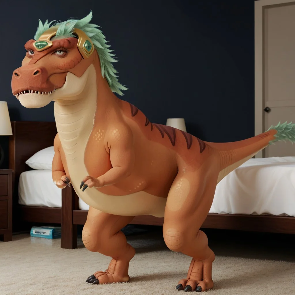 score_9, score_8_up, score_7_up, score_6_up, score_5_up, score_4_up, masterpiece, high quality, realistic, detailed, best quality, white bed, solo, rating_safe, source_furry, bedroom, lying on belly, smiling, seductive, (looking at viewer:1.2), full body, standing, detailed eyes, Tyrannosaurus_ram, dinosaur, tyrannosaurus, orange scales, green hair, tail, claws, 1girl, female, black eyes, headgear, feral