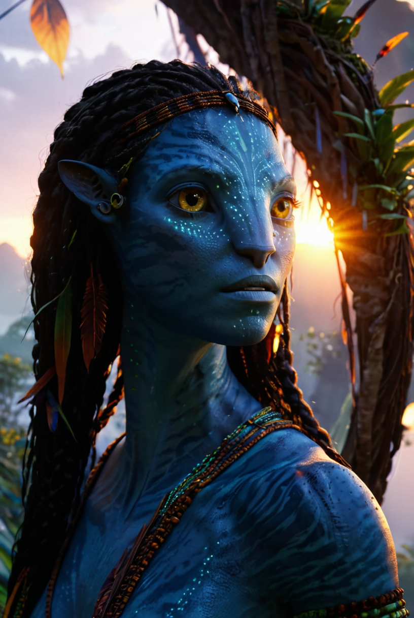 naytiri, Na'vi, accurate face, sunset, portrait shot, depth of field, vignette
[reflections, dark lighting, light rays, beams of light, realistic, high quality photo, 4k, hd, 7-Avatar]
<lora:xl_more_art-full_v1:0.3> <lora:add-detail-xl:0.5><lora:Avatar v1.0:0.9>