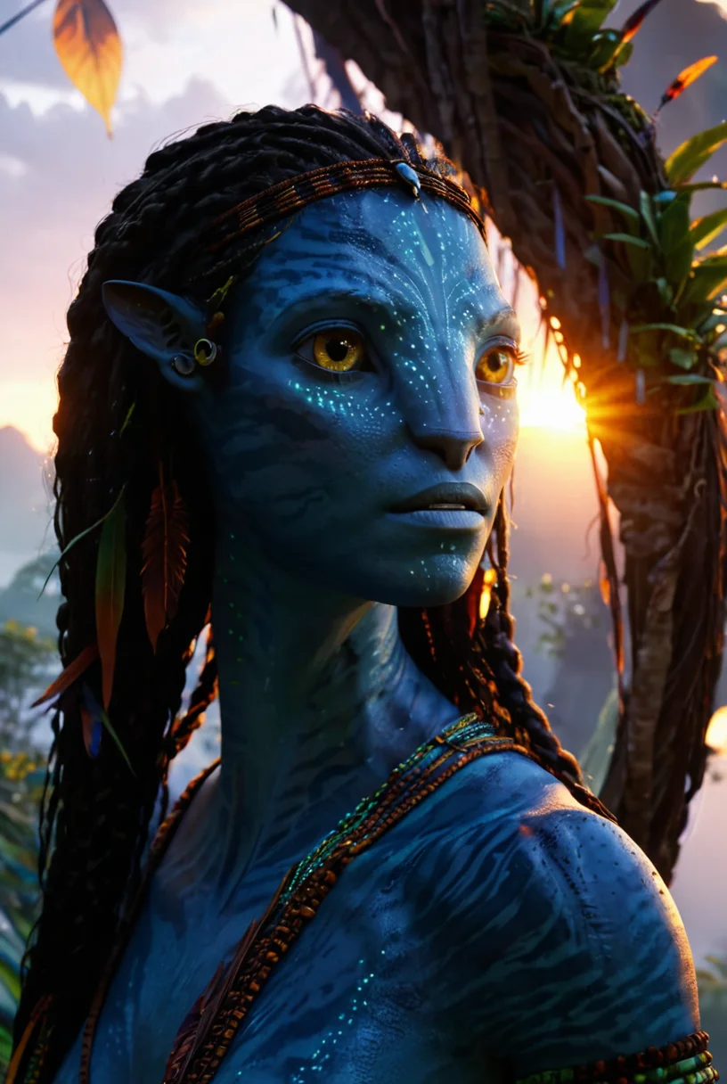 naytiri, Na'vi, accurate face, sunset, portrait shot, depth of field, vignette
[reflections, dark lighting, light rays, beams of light, realistic, high quality photo, 4k, hd, 7-Avatar]
<lora:xl_more_art-full_v1:0.3> <lora:add-detail-xl:0.5><lora:Avatar v1.0:0.9>