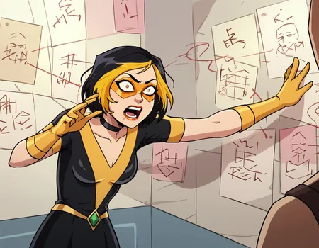 score_9, score_8_up, score_7_up, score_6_up, blackmyst-dh BREAK, 1girl, solo, short hair, black hair, gold hair, multicolored hair, choker, domino mask, makeup, lipstick, gloves,black dress,pepe_silvia, open mouth, crazy eyes  <lora:Golden_Glider_Kite_Man_r1:0.7> <lora:pepe_silvia_v1_pruned:1>