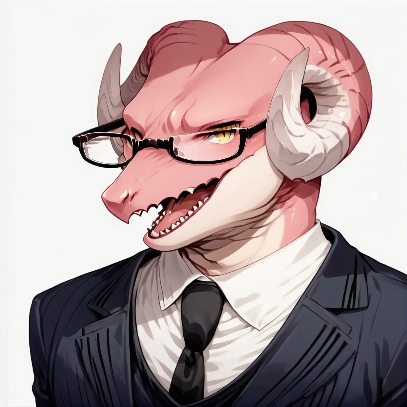 score_9,score_8,score_7,source_furry,
<solo:1.5>,
<1boy:2.5>,
furry,furry male,dragon, dragon boy,pink skin,pink fur,pink body, tail, dragon tail, yellow eyes, clothed,
vincent_falnail, falchan_onee, dragon, dragon boy, furry, furry male, ai gen, generated, 1boy, male focus, solo, necktie, glasses, formal, sharp teeth, shirt, looking at viewer, white background, horns, teeth, suit, upper body, simple background, yellow eyes, black necktie, demon boy, white shirt, open mouth,
<lora:Vincent_Falnail_Buchou_Wa_Onee_V2:1> vincent_falnail