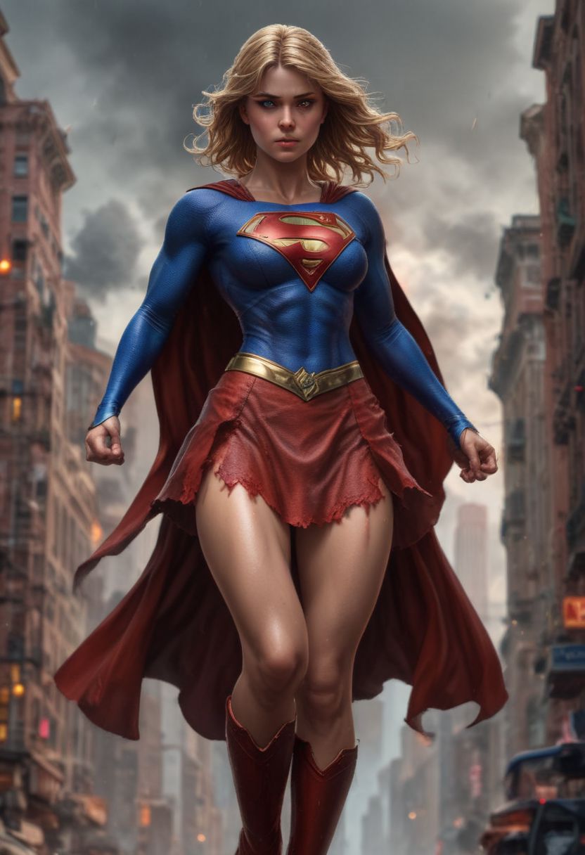 High resolution ultra-realistic of Beautiful Supergirl fighting against alien invasion, cinematic style, standing on a bloody and stormy battlefield in a fighting pose, bloody massacre, fire, realistic combat costume, red mini skirt, perfect athletic figure, wavy blonde hair, handsome dirty bloody face, beautiful perfect detailed pupils, wet oily shiny skin, beautiful firm Breasts, defiant and seductive, sexy 20 year old girl, 8k resolution concept art portrait by Greg Rutkowski, Dark Gotham City, Artgerm, WLOP, Alphonse Mucha, dynamic lighting, hyperdetailed, intricately detailed, Splash art trending on Artstation triadic colors, Unreal Engine, 5 volumetric lighting, Cinematic Lighting, intricate, smooth, sharp focus digital painting, Asymmetrical Balance, painting, dynamic lighting