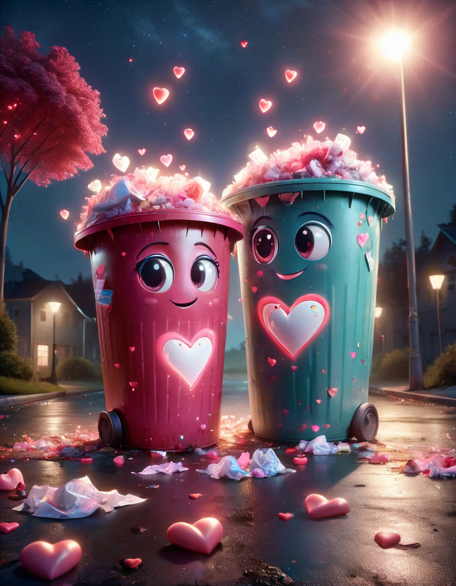 two trashcans with cute 3d character faces, filled with trash, sharing a cozy moment together in a dirty dark parkinglot, at night, bright spotlight, bright sky, made of ral-vltne  <lora:ral-vltne-sdxl:1>