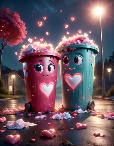 two trashcans with cute 3d character faces, filled with trash, sharing a cozy moment together in a dirty dark parkinglot, at night, bright spotlight, bright sky, made of ral-vltne  <lora:ral-vltne-sdxl:1>