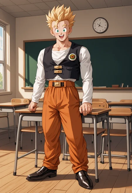 score_9,score_8_up,score_7_up,source_anime BREAK
sdn7g0h4n,brown leather belt,black vest,orange pants,green eyes,looking at viewer,pectorals,full body,black loafers,long sleeves,no pupils,blonde hair,spiked hair,white shirt,standing,badge,<lora:DBZ Adult Gohan v52:1>,open mouth, dazed, happy, happy aura, smile,,in a classroom, tables, chairs,,