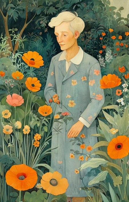 masterpiece,best quality,<lora:tbh143-sdxl:0.7>,portrait of man in garden,flowers,illustration,style of Alice Provensen