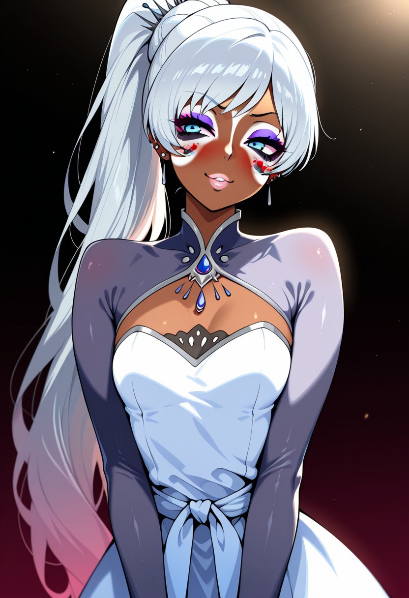 masterpiece, best quality, amazing quality, 1girl, solo, 
weiss schnee, ponytail, white dress
, , (flirty expression), , flirty face,  , (blushing:1.2), smile, , 
yamanba, dark skin, dark-skinned female, makeup, eyeshadow, (white facepaint makeup), facial mark, face stickers, piercings, tattoos, multicolored hair, lips, upper body, cowboy shot, gradient background, dark background, dynamic lighting, multicolored hair