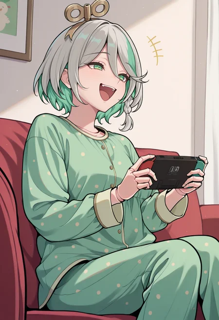 masterpiece, best quality, 1girl, solo, CeciliaImmergreen, green eyes, winding key hair ornament, doll joints, grey hair, colored inner hair, streaked hair, short hair, side braid, green pajamas, polka dot pajamas, green pants, indoors, sitting, on couch, laughing, open mouth, holding handheld game console, happy, smile, <lora:ChamCeciliaImmergreenIllustriousXL:1>