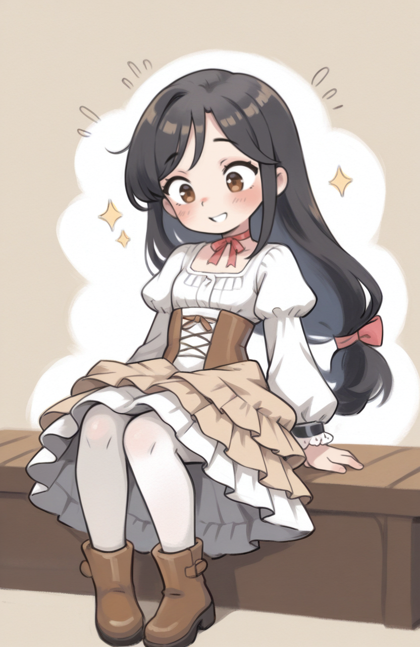 1girl, solo, <lora:qtkat:0.9> qtkat, traditional media, watercolor \(medium\), 
<lora:ffgarnet-illu-nvwls-v1_1:0.5> ffixgarnet, black hair, brown eyes, low-tied long hair, victorian dress, puffed sleeves, corset, layered skirt, lace cuffs, white pantyhose, boots, ribbon choker, sitting, leaning in eagerly, sparkling expression, joyful anticipation, upbeat aura, extremely detailed, highres, masterpiece, best quality