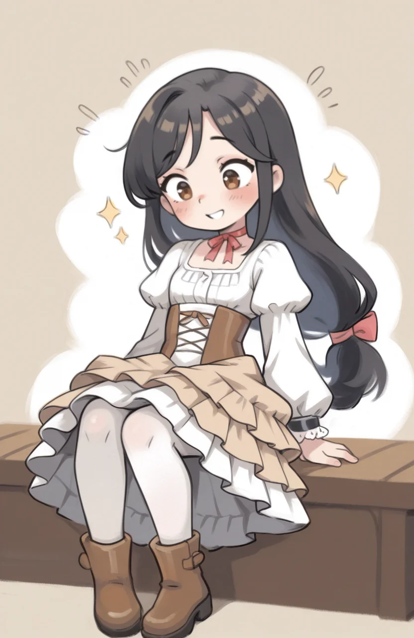 1girl, solo, <lora:qtkat:0.9> qtkat, traditional media, watercolor \(medium\),
<lora:ffgarnet-illu-nvwls-v1_1:0.5> ffixgarnet, black hair, brown eyes, low-tied long hair, victorian dress, puffed sleeves, corset, layered skirt, lace cuffs, white pantyhose, boots, ribbon choker, sitting, leaning in eagerly, sparkling expression, joyful anticipation, upbeat aura, extremely detailed, highres, masterpiece, best quality