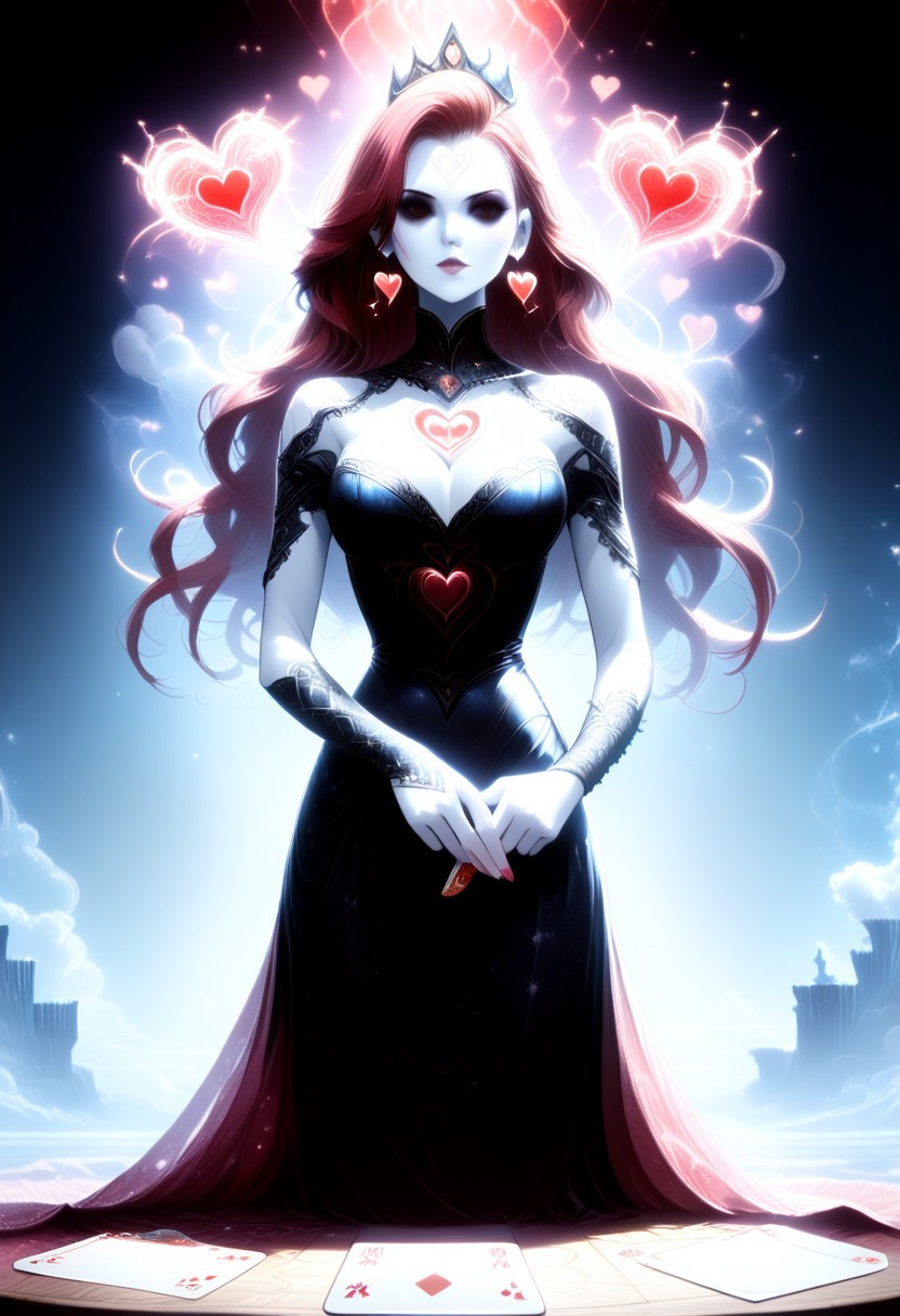 , score_9, score_8_up, score_7_up, Female, PG, Physical characteristics: Elegant facial features, pale skin, striking dark eyes, flowing red hair composed of heart shapes, full body, full body shot Clothing and accessories: Red, heart-shaped elements enveloping her body and head; intricate earrings visible, Position: Reclining or emerging from the playing card, with one hand extended gracefully, Background: Dark backdrop with smoky, ethereal effects, scattered red hearts and poker chips enhancing the thematic composition, Main element: Queen of Hearts playing card, creatively designed with a vivid, surreal touch, Art style: Hyper-realistic with fantasy elements, emphasizing red tones and a luxurious, dramatic atmosphere,