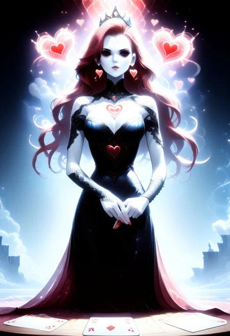 , score_9, score_8_up, score_7_up, Female, PG, Physical characteristics: Elegant facial features, pale skin, striking dark eyes, flowing red hair composed of heart shapes, full body, full body shot Clothing and accessories: Red, heart-shaped elements enveloping her body and head; intricate earrings visible, Position: Reclining or emerging from the playing card, with one hand extended gracefully, Background: Dark backdrop with smoky, ethereal effects, scattered red hearts and poker chips enhancing the thematic composition, Main element: Queen of Hearts playing card, creatively designed with a vivid, surreal touch, Art style: Hyper-realistic with fantasy elements, emphasizing red tones and a luxurious, dramatic atmosphere,