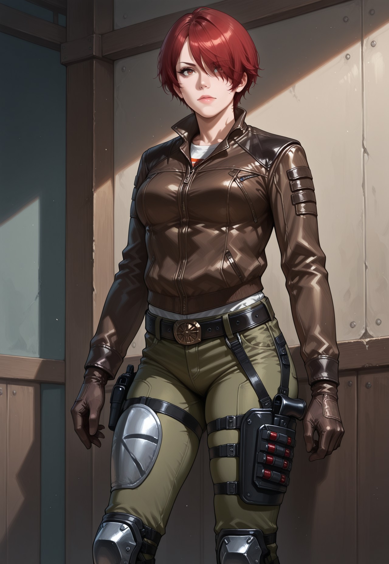 masterpiece, best quality, detailed, realistic, 1girl, solo, tweedre, red hair, short hair, hair over one eye, brown leather jacket, pants, knee pads, belt, holsters, gloves, 