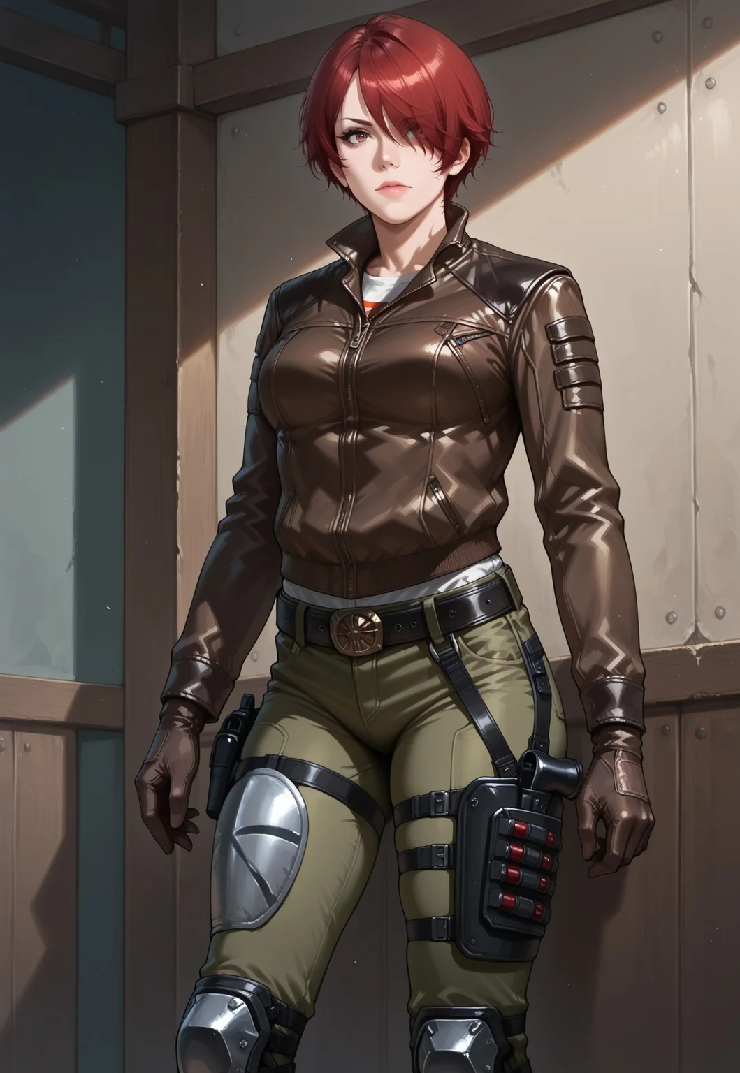 masterpiece, best quality, detailed, realistic, 1girl, solo, tweedre, red hair, short hair, hair over one eye, brown leather jacket, pants, knee pads, belt, holsters, gloves,