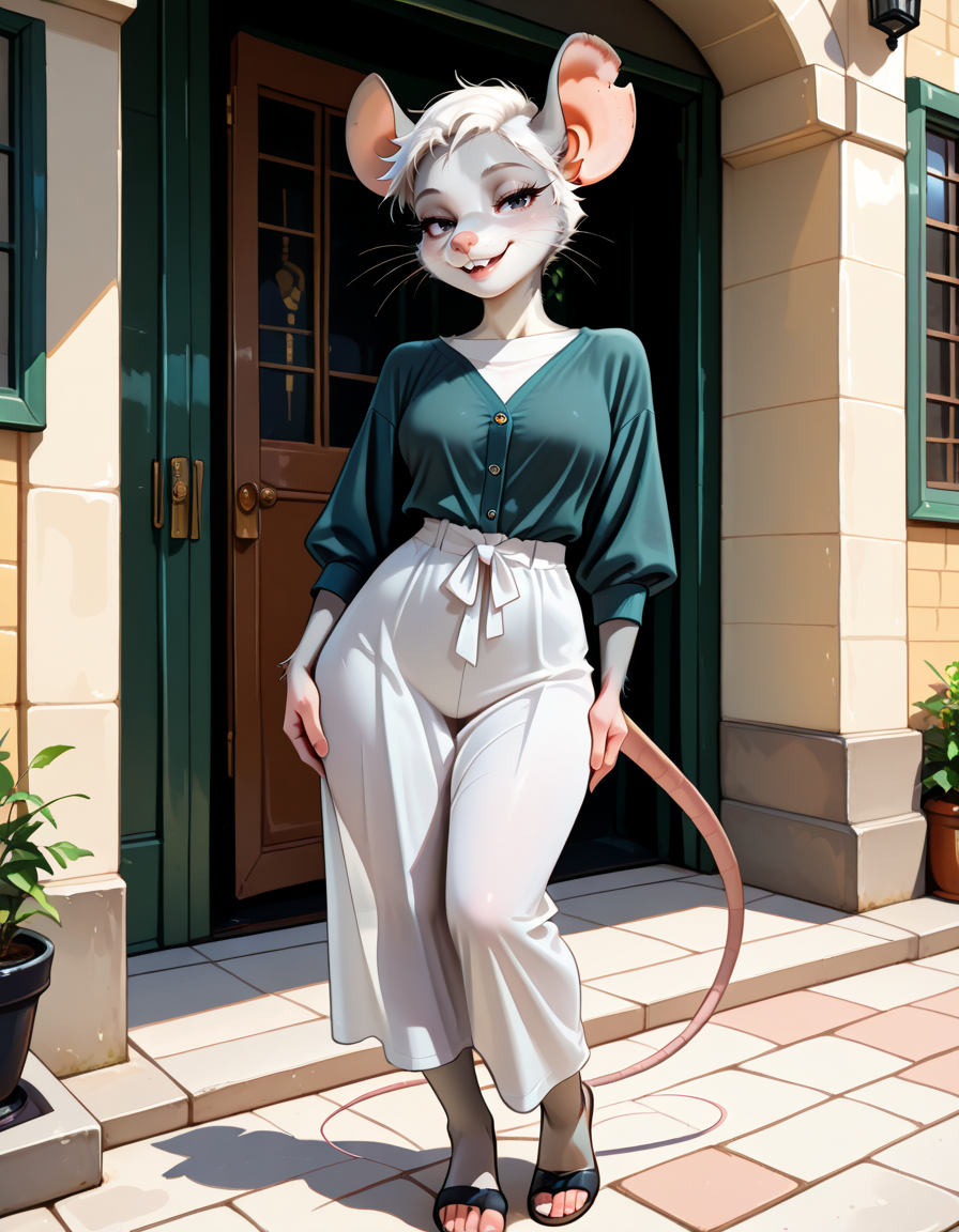 masterpiece, best quality, very aesthetic, absurdres,
outdoors, casual, 
full body, standing, posing, 
seductive smile, parted lips, long eyelashes,
<lora:Amelia_v01_NAIXL:1>
Amelia,1girl,solo,furry,female,mouse girl,mouse ears,notched ear,white hair,very short hair,black eyes,snout,buck teeth,whiskers,body fur,grey fur,mouse tail,
