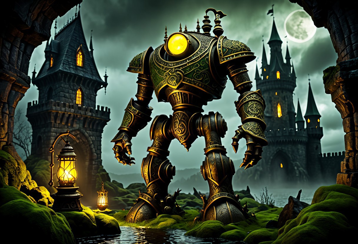 giant bipedal robot dirty yellow and dark green, bronze paisley robot. lacy robot metal lava lamp head. outside of a steampunk keep. large detailed torso. dark image. one forty foot tall ancient robot with great arms and two heavy spring legs. dark foggy night background. $dark foggy night image only. dark photo realistic image. steampunk details. cogs, chains and pipes incorporated in the fantasy buildings. magic wizards tower in background. Dark swamp, moss, castle ruins, wizards tower. stormy dark night.  stormy sky.