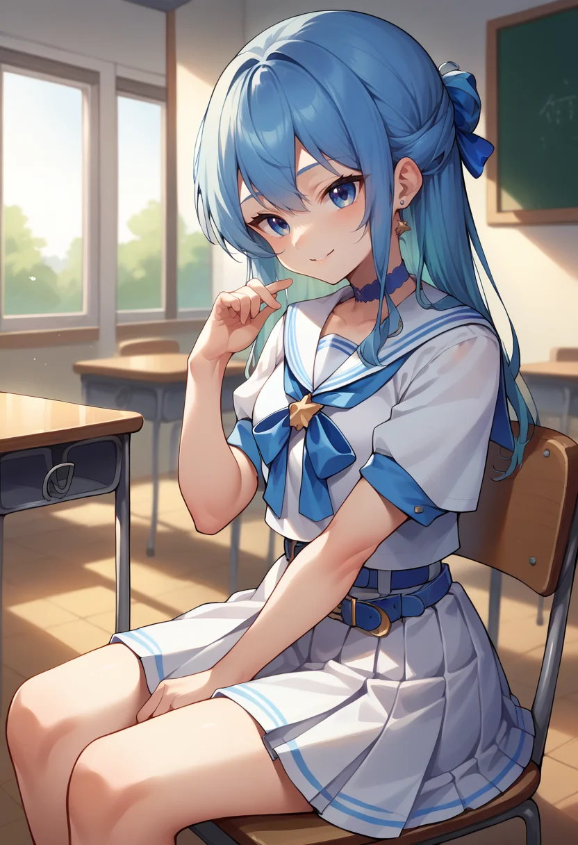score_9, score_8_up, score_7_up, SuiseiSchool, long hair, half updo, white serafuku, blue choker, blue bowtie, blue belt, white skirt, short sleeves, indoors, classroom, sitting, chair, smile, <lora:CHAR-HoshimachiSuiseiPonyXL:1>