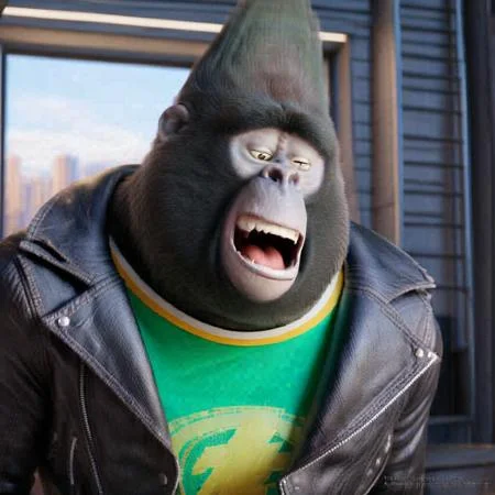 tongue, music, throat, Green shirt, male focus, gorilla, j0hnny_sing, mouth open wide, grin, Sing_movie, Fang, confident, green shirt, Sing, Mouth, shoes, green t-shirt, sexy, furry male, tank top, black jacket, furry
