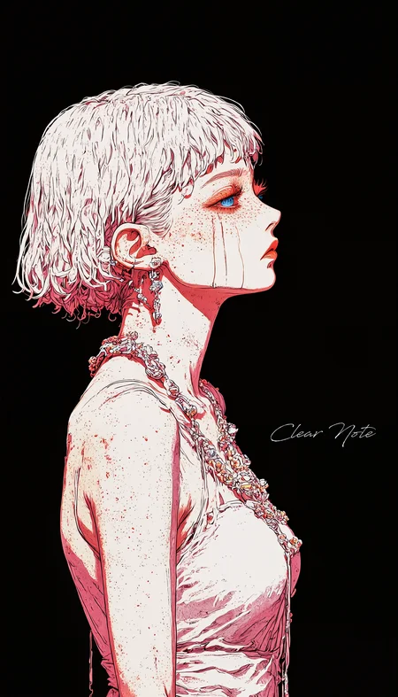 CN Retro anime style, A platinum-blonde androgynous figure with blue eyes, chains exudes gothic allure, set against a stark black background in a cyber-gothic digital art style. Crying with a sorrowful expression.
