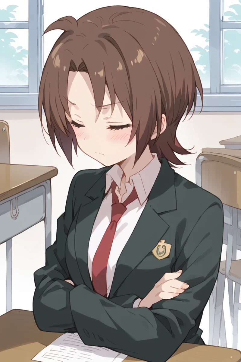 score_9, score_8_up, score_7_up, score_6_up,
<lora:Yuzu_Iizuka:1> yuzu, school uniform, solo, closed eyes, brown hair, necktie, crossed arms, blush, desk, jacket, 1girl, blazer, short hair, red necktie