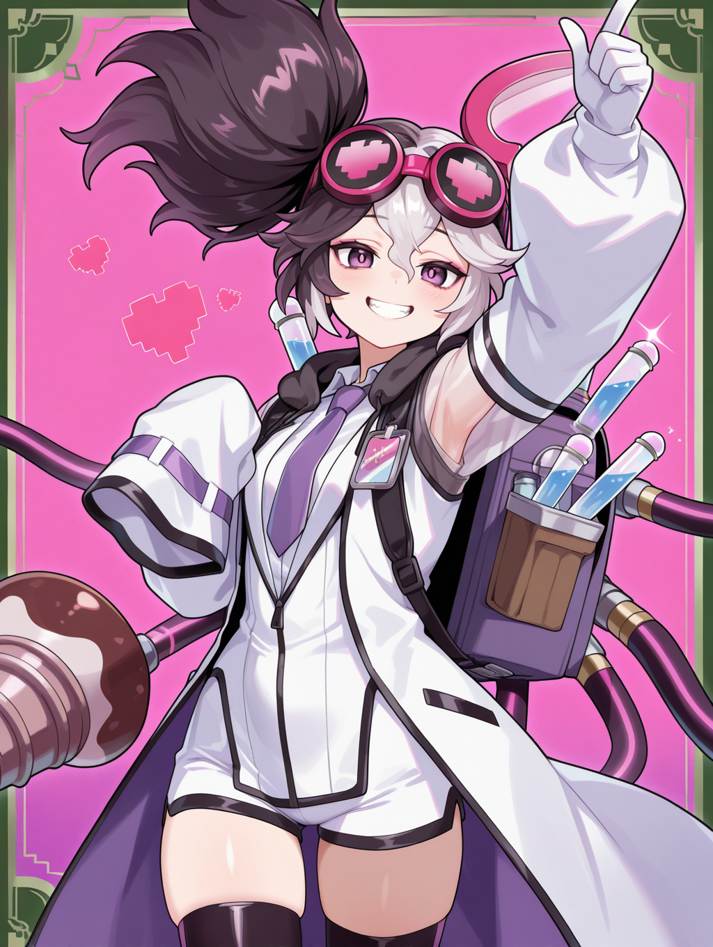 vanquish soul dr. mad love, 1girl, solo, smile, drill, grin, looking at viewer, cowboy shot, teeth, pointing up, green frame, vial, single sleeve past fingers, open clothes, standing, holding cone \(weapon\), cone \(weapon\), white hair ornament, goggles on head, white collared shirt, white labcoat, purple necktie, single white glove, black short shorts, black thighhighs, extra mechanical arms, backpack, official style,
masterpiece,best quality,amazing quality,very aesthetic,absurdres,newest,<lora:Vanquish Soul Dr. Mad Love illusXL v1.1:0.72>,