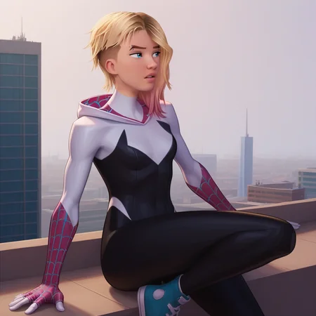 score_9, score_8_up, score_7_up, score_6_up, score_5_up, score_4_up, realistic, rooftop, building, railing, looking at the horizon, <lora:Gwen_Stacy-000007:0.8>, gwen1, 1girl, breasts, short hair, blue eyes, blonde hair, pink hair, bodysuit, piercing, asymmetrical hair, spider web print, eyebrow piercing, hooded bodysuit, sneakers, BREAK portrait, parted lips, half-closed eyes, looking away, from behind, sitting on ledge