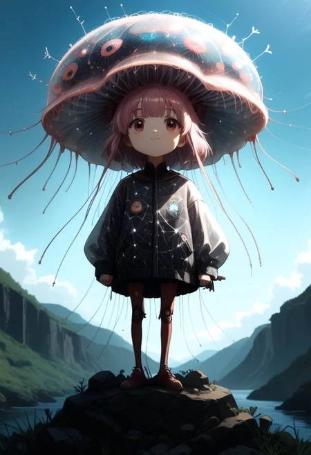 masterpiece, best quality, good quality, very awa, newest, highres, absurdres, ,score_9, score_8_up, score_7_up,
Giant translucent jellyfish drifting through the clouds, soft bioluminescent glow illuminating the mist, with tiny birds perched on its tendrils
<lora:illustriousXL_stabilizer_v1.23:0.3> <lora:NOOB_vp1_detailer_by_volnovik_v1:0.3> <lora:ponyv6_noobE11_2_adamW-000017:0.3> <lora:114558v4df2fsdf5:0.7> <lora:mon_monmon2133:0.6>