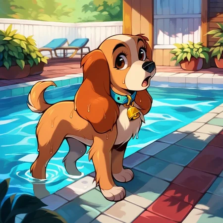 score_9,score_8_up,score_7_up,score_6_up,score_5_up, cocker spaniel, solo, open mouth, brown hair, brown eyes, standing, full body, outdoors, sky, collar, bell, animal, animal focus, animalization, domestic dog, lady \(ladyandthetramp\), dog ear, animal nose, dog, no humans, <lora:LadyPny:0.5>, (rating safe),(source cartoon), (inside of pool:1.2), swimming, wet fur,