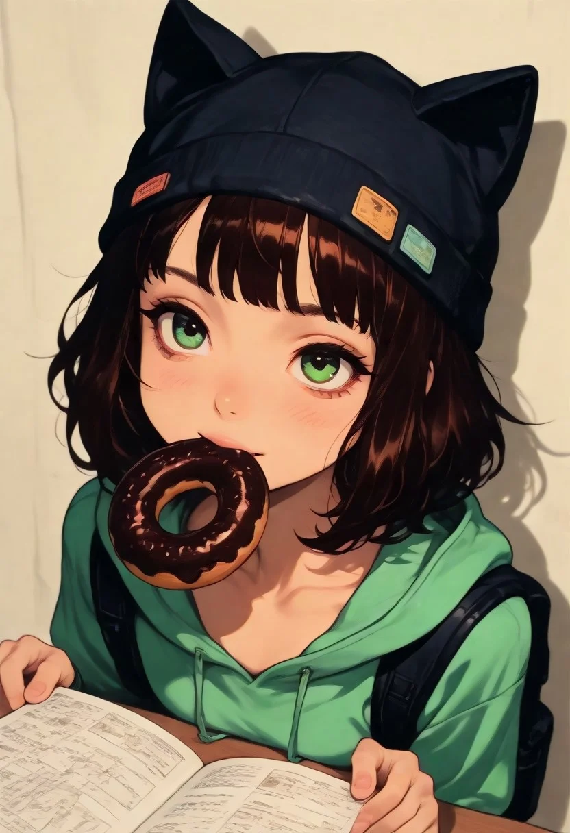 (Opening:0.0)
(score_9, score_8_up, score_7_up), (lazypos), masterpiece, amazing quality, perfect face, perfect eyes, detailed eyes, 4K, ultra-detailed, ((1 girl, solo)), (from chest to head, high angle, portrait), figure focus
(Girl:0.0)
slim body, fair skin, short messy dark brown hair, playful vibe, wearing black cap with cat ears and two colorful pins, mouth holding chocolate donut with rainbow sprinkles, visible collarbone, relaxed posture
(Clothes:0.0)
light olive green hoodie, hoodie slightly open at neck, visible backpack straps on shoulders
(Pose:0.0)
bending forward, elbows slightly bent, head tilted up, mouth biting donut, shoulders relaxed
(Scene:0.0)
plain beige wall background, soft natural lighting on her body, subtle shadows, blur background, cozy and playful atmosphere
