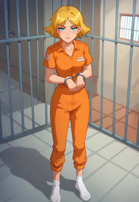 score_9, score_8_up, score_7_up, tsclover, short hair, blonde hair, orange prison jumpsuit, (bored:1.1), white socks, prison cell, closeup, handcuffs, standing,