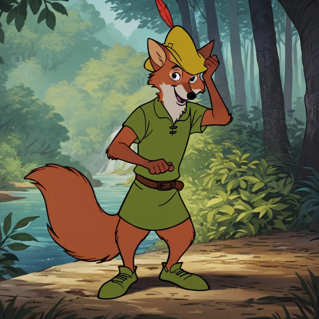 score_9, score_8_up, score_7_up, score_6_up, score_5_up, score_4_up, source_furry, RobinhoodRH, semi-anthro, male, fox, orange fur, green tunic, yellow hat, green shoes, brown belt, standing, in a forest, black eyes, <lora:412d46af-ba20-4cf4-8921-93bce25af952:0.7>