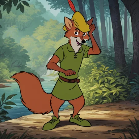 score_9, score_8_up, score_7_up, score_6_up, score_5_up, score_4_up, source_furry, RobinhoodRH, semi-anthro, male, fox, orange fur, green tunic, yellow hat, green shoes, brown belt, standing, in a forest, black eyes, <lora:412d46af-ba20-4cf4-8921-93bce25af952:0.7>