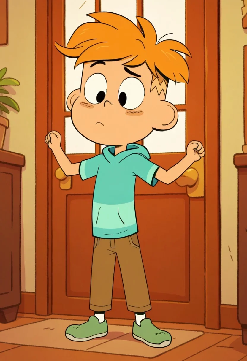 masterpiece, best quality, amazing quality, jack wylde, solo, 1boy, orange hair, two cowlicks, specks on cheeks, green hoodie with light green stripes, brown pants, white socks, green shoes, full body, bara, full body