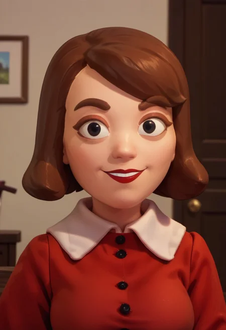 ((bedroom background)),score_9, score_8_up, score_7_up,score_6_up,
1girl, Solo, BlobertaP_MO, light skin, brown hair, short hair, black eyes, red lips, brown eyebrows, big eyes, long red dress with sleeves, white apron for waist, black flat shoes, medium stature, social smile, sexy face, close-up, face photo, perfect eyes, perfect smile, looking at the viewer, big breasts, detailed eyes, perfect eyes, very close-up