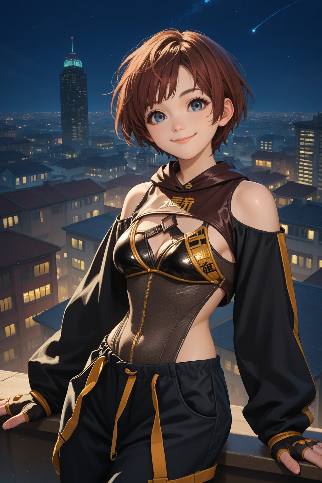 score_9, score_8_up, score_7_up, score_6_up, source_anime, 1girl, solo <lora:sblily-pdxl-nvwls-v1-000005:1> sblily, brown hair, short hair, blue eyes, leotard, cleavage, black sleeves, clothing cutout, bare shoulders, long sleeves, black pants, fingerless gloves, smile, happy, closed mouth, looking at you, medium breasts, city, night sky, upper body