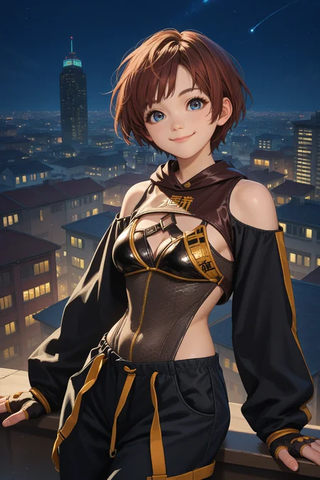 score_9, score_8_up, score_7_up, score_6_up, source_anime, 1girl, solo <lora:sblily-pdxl-nvwls-v1-000005:1> sblily, brown hair, short hair, blue eyes, leotard, cleavage, black sleeves, clothing cutout, bare shoulders, long sleeves, black pants, fingerless gloves, smile, happy, closed mouth, looking at you, medium breasts, city, night sky, upper body