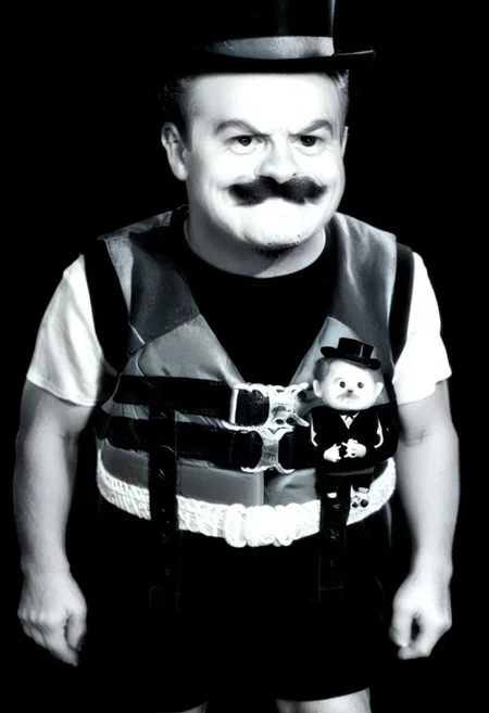 ((((((black and white,black shirt, belt, stubble, red theme, shorts, greyscale, 1boy, life vest)))))),((small man with mustache, top hat, kenbis, chibi, chibi, male only, male, male chibi, monocle, art deco, thick mustache, comically large mustache, handlebar mustache, tiny, multiple men, shrunk, microxl, some little guys, high angle, from above)), bwMovies, realistic, photo, vintage photo, ((very small man, small man, a small man, a man who is small, a small man)), an unapologetically small human male, black and white, smiling, very happy, euphoric, ecstatic, wonderful small men, large smile, huge smile