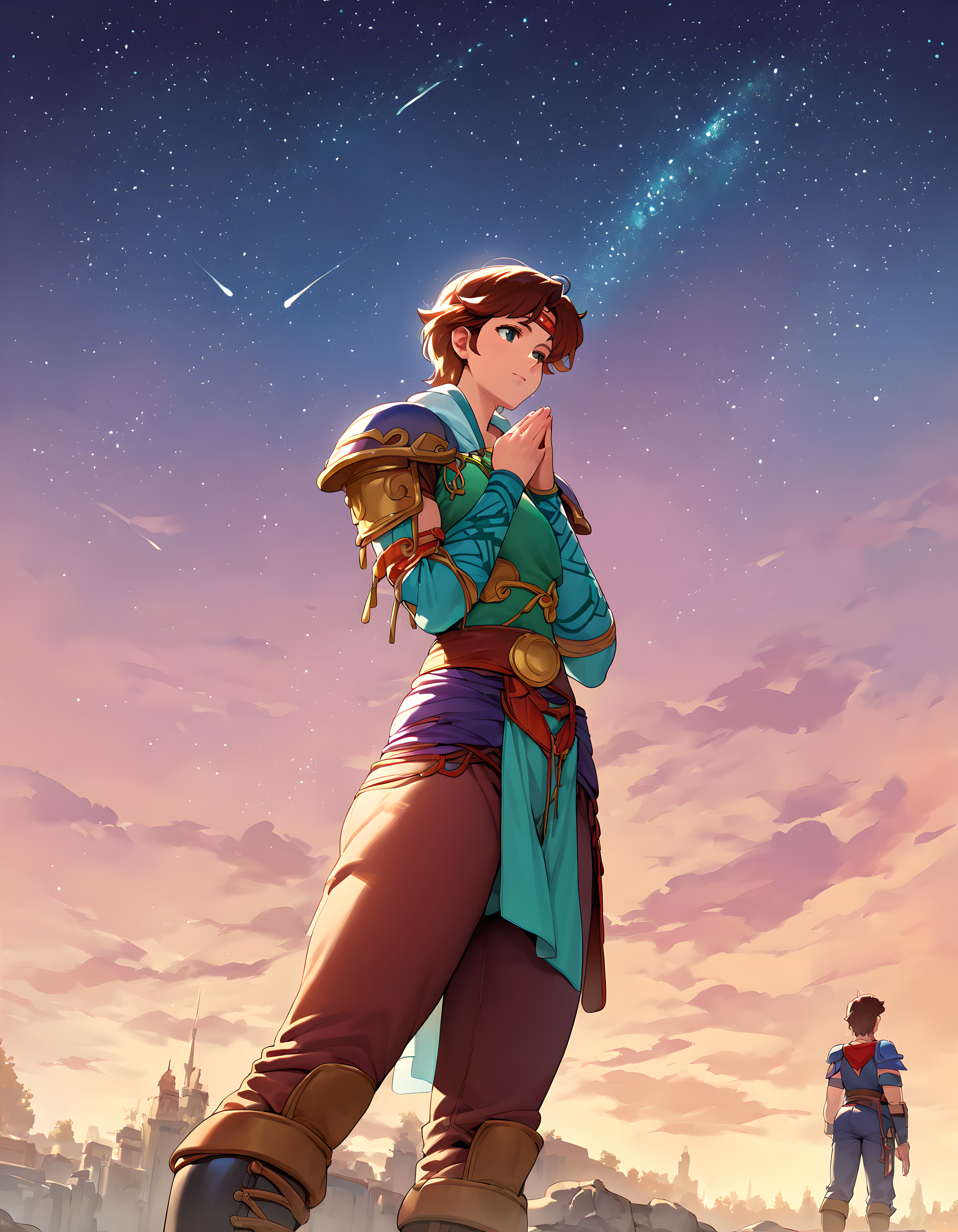 <lora:pony_xl_lin:0.9>,lin,score_9,score_8_up,score_7_up,source_anime,1girl,solo,armor,shoulder armor,shoulder pads,pants,knee boots,lonely,standing,hands_on_own_chest,praying,cowboy_shot,nature,night,big dipper,starry_sky,star_(sky),