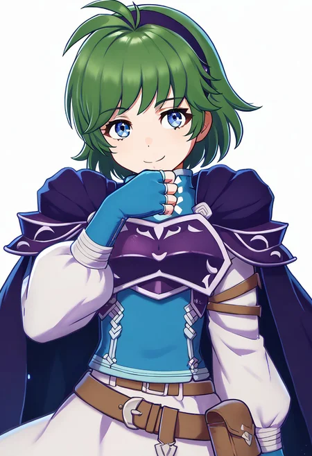 score_9, score_8_up, score_7_up, source_anime BREAK 1girl, solo, <lora:zs_EngagePortraitsXL:1> engageportraits, portrait, white background
, <lora:nino-fe-richy-v1_pdxl:1> ninopf, blue eyes, green hair, short hair, antenna hair, purple hairband, blue shirt, white sleeves, long sleeves, purple breastplate, purple shoulder armor, purple cape, white skirt, brown belt, belt pouch, blue gloves, fingerless gloves, smile