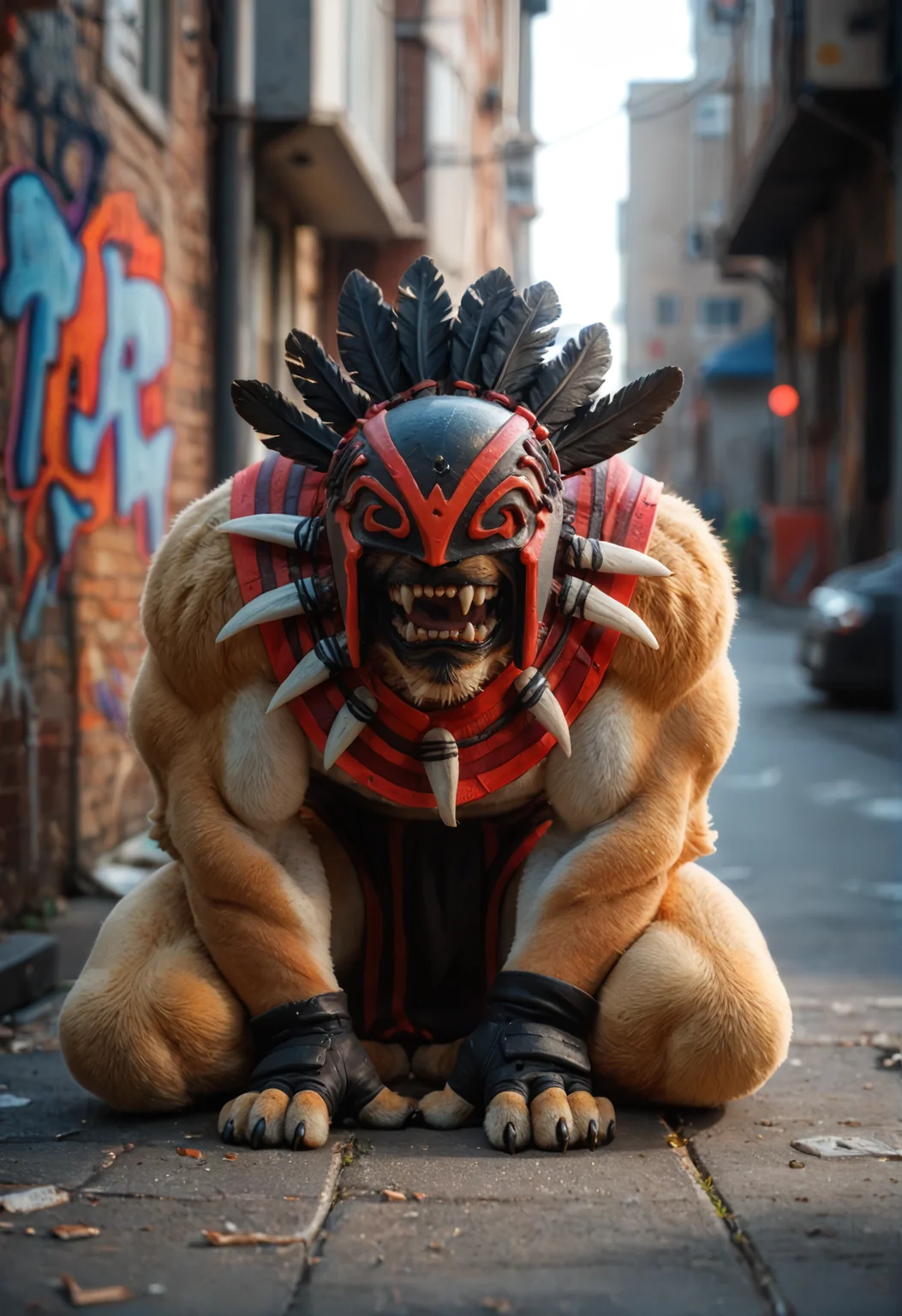 <lora:Bloodseeker_v3:1> bloodseeker_v3,
no human, dog, furry, furry boy, dog boy, 
fur on body, fur, yellow fur,
paws with black claws,
black feathers,
teeth, sharp teeth, fangs,
mask
helmet, gloves,
muscular,
grin,
gog tail,
A necklace of fangs,
portrait, score_9, score_8_up, score_7_up, score_6_up, derpibooru_p_95,
blur censor, blurry, blurry background, blurry foreground, bokeh, motion blur,
chromatic aberration, depth of field, figure, focused,  focus
photography, realistic sun light and shadows, photorealism, UHD --ar 9:16 --style raw --stylize 700,
solo,
brick wall, graffiti, dim lighting, alley, sitting city view, street view