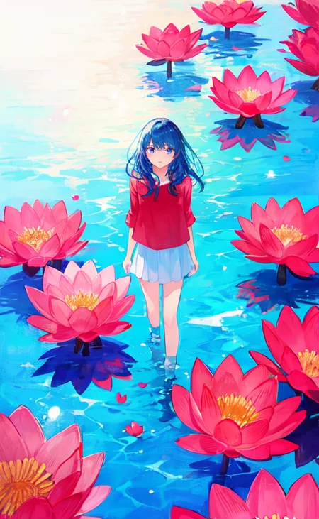 Samia, girl, solo, shirt, looking at you, face, perfect, flowers, high quality, radiant, knight, godly, red shirt, red velvet, water, ocean, lotus