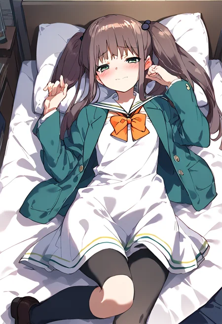 score_9,score_8_up,score_7_up,source_anime,zPDXL3,
*//*,<lora:OkamotoMiyu-v1.0:1.1>,okamotomiyu_wug,1girl,solo,twintails,brown hair,long hair,hair bobbles,green eyes,black socks,white dress,short dress,shoes,brown footwear loafers,sailor collar,green jacket,open clothes,clothing cutout,(orange bowtie:0.9),
*//*,(game cg,moody lighting,cinematic lighting:1.2),night,novel illustration,bedroom,nervous,blush,half-closed eyes,lying,on back,(half undress,undressing:1.2),