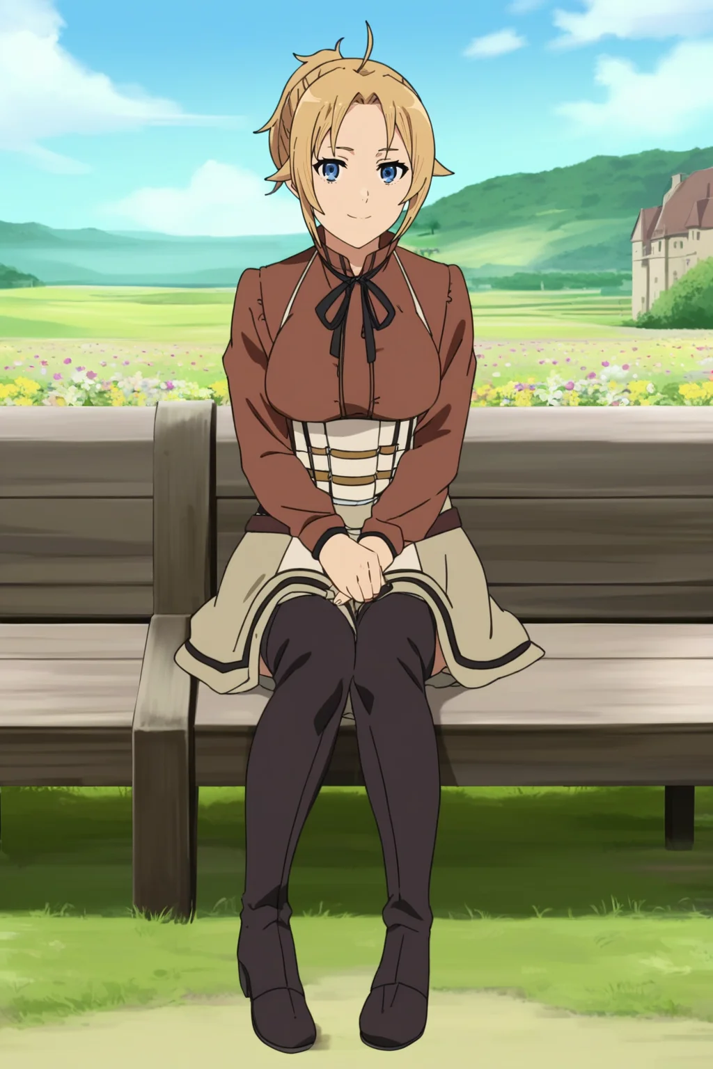 ,,,masterpiece,best quality,highres,4k,8k,intricate detail,cinematic lighting,perfect_eyes,High face detail,rating_explicit,high resolution,detailed eyes,
(score_7_up), source_anime,anime coloring,anime,(anime screencap),,zPDXL,
,,detailed background,, day, outdoors, flower field, (village), Medieval architecture, medieval.
,sitting, looking at viewer, full body, light smile, sitting on bench,
, skirt, shirt, thighhighs, long sleeves, ribbon, boots, black thighhighs, thigh boots, brown shirt,short skirt, 
,,zenith greyrat,mushoku tensei, short hair, blonde hair, blue eyes, ahoge, parted bangs, short ponytail,mature female,
,  <lora:Zenith_Greyrat_PonyXL_v1:0.75>
