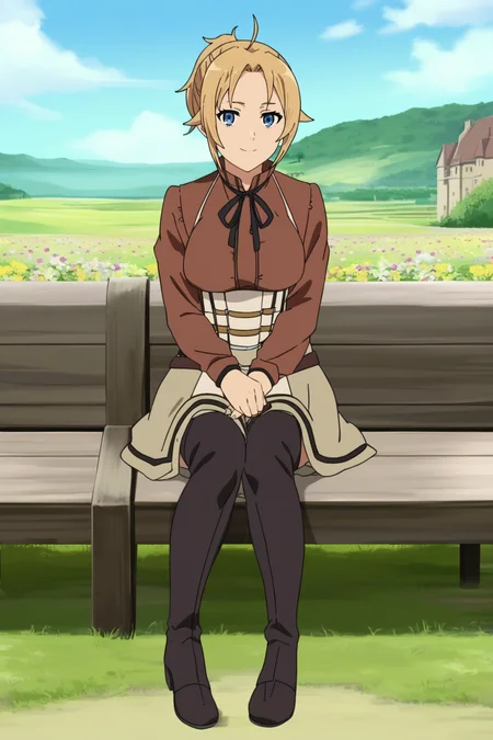 ,,,masterpiece,best quality,highres,4k,8k,intricate detail,cinematic lighting,perfect_eyes,High face detail,rating_explicit,high resolution,detailed eyes,
(score_7_up), source_anime,anime coloring,anime,(anime screencap),,zPDXL,
,,detailed background,, day, outdoors, flower field, (village), Medieval architecture, medieval.
,sitting, looking at viewer, full body, light smile, sitting on bench,
, skirt, shirt, thighhighs, long sleeves, ribbon, boots, black thighhighs, thigh boots, brown shirt,short skirt,
,,zenith greyrat,mushoku tensei, short hair, blonde hair, blue eyes, ahoge, parted bangs, short ponytail,mature female,
, <lora:Zenith_Greyrat_PonyXL_v1:0.75>