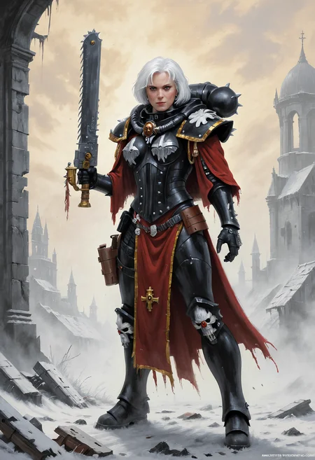 (Art by Drew Struzan), (masterpiece, best quality, hyper detailed, ultra realistic, 32k, RAW photo), full body shot of single adepta sororitas, black power armour, short red cape, holding pistol and 40kchainsword, messy white hair, slight smile, snowy ruins in background, gold:0.2 details, <lora:add-detail-xl:0.8> <lora:adepta_sororitas_xl_v1:1> <lora:Desolation:0.3> <lora:Chainsword_-_Warhammer_40000_SDXL:1>