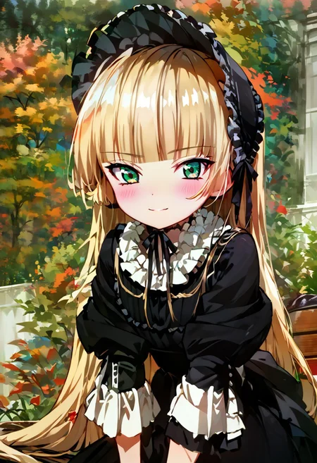 score_9, score_8_up, score_7_up, source_anime, 1girl, solo, flat chest, blush, victorique de blois, blonde hair,long hair,blunt bangs,green eyes,black bonnet, hairband,chin strap, gothic, black dress, long dress, ribbon, frills,pantyhose,black shoes, blush, ((v)), v over mouth, smile, teeth, (leaning forward, bent over), outdoor, highly detailed, tree, garden, wooden bench,